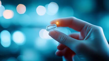 A hand holding a transparent capsule illuminated by soft blue light, representing health and pharmaceutical concepts.