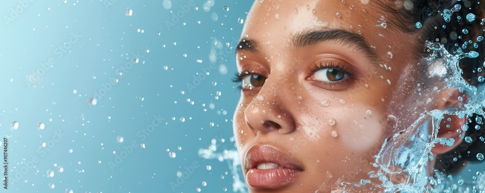 Wall mural Woman with smooth skin surrounded by flying water drops. Free copy space for text.