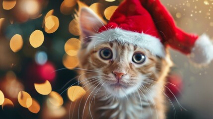 Adorable Kitten Wearing Christmas Hat with Festive Blurred Lights - Perfect for Holiday Greeting Cards