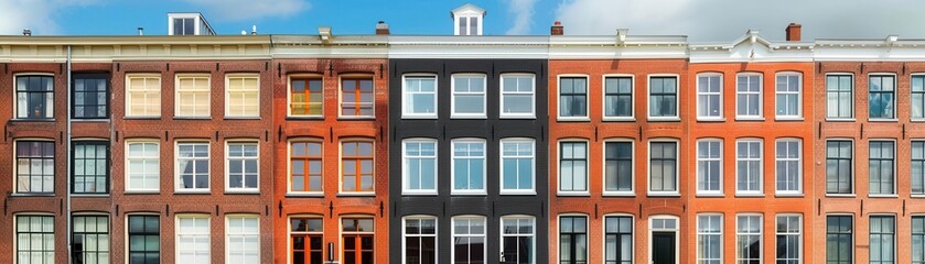Fototapeta premium Dutch architecture, brick facades, selective focus, European charm, dynamic, overlay, canal