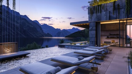 A contemporary terrace lounge with a stylish water feature, comfortable loungers, and a breathtaking view of a tranquil lake surrounded by mountains at dusk.