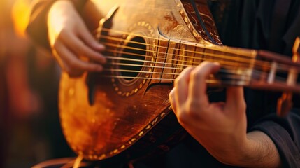 Close-up of a hand playing a vintage lute in warm, golden light.