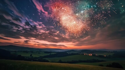 Fireworks Display Over a Rural Landscape at Dusk