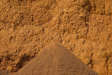 The surface of the dry land is covered with abstract patterns, shapes and textures. Excavated land. The soil looks fragile and is prone to landslides