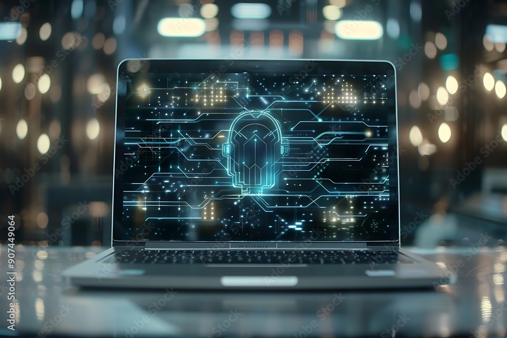 Poster a laptop screen displaying an ai circuit board design with glowing blue lights, set against a blurre