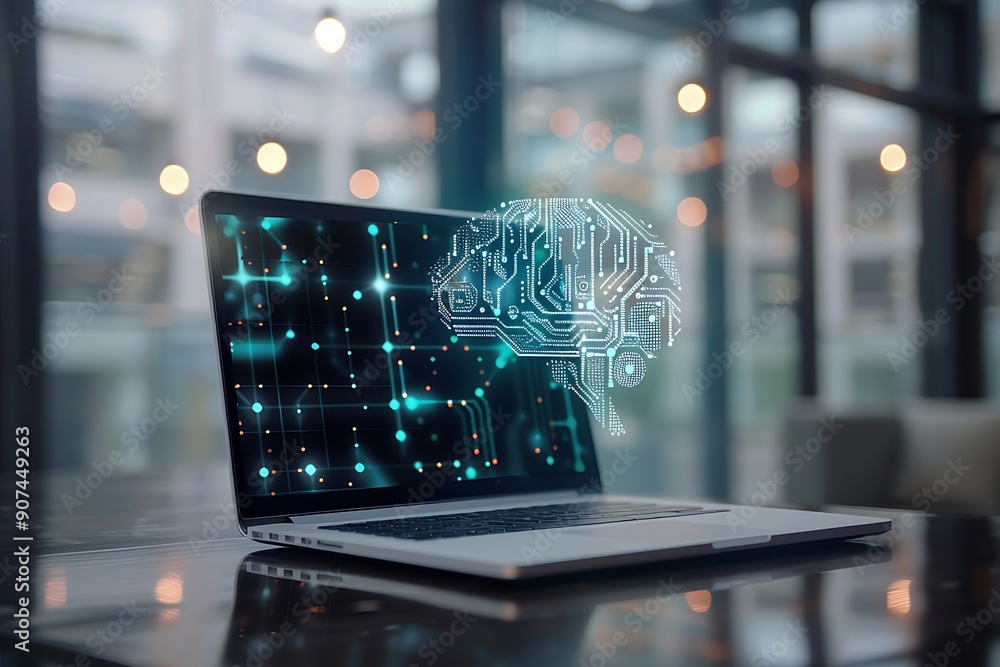 Poster a laptop screen displaying an ai circuit board design with glowing blue lights, set against a blurre