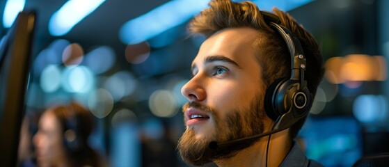 Professional call center worker collaborating with team in modern office environment, focused on customer support and communication excellence