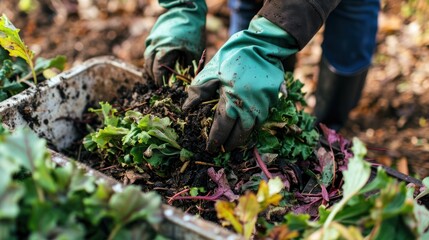 Naklejka premium Close-up of hands in green gloves adding compost to a bin.