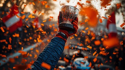 Victorious moment with a racing driver holding the trophy on the podium. The scene features orange confetti falling around and the driver's hands proudly lifting the cup.
