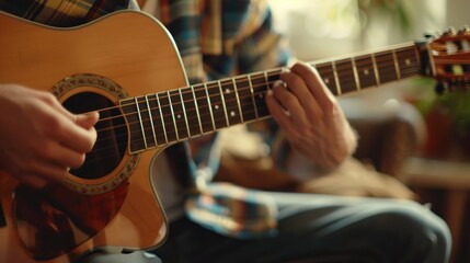 Fototapeta premium Close-up of hands playing an acoustic guitar.