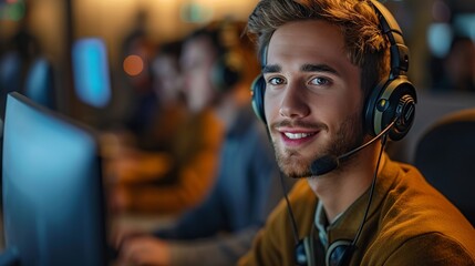 Dedicated call center worker collaborating with supportive team in a modern office environment, showcasing professional teamwork and customer service excellence.