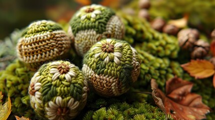Close-up of Knitted Balls with Floral Motifs on Moss.