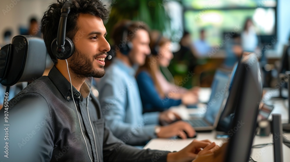 Poster dedicated call center worker collaborating with supportive team in a modern office environment, show