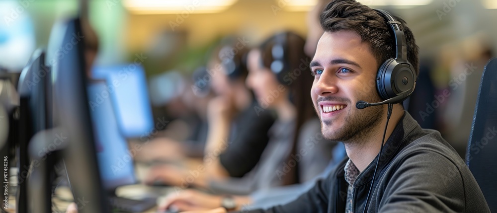 Poster professional call center worker collaborating with team in modern office environment, focused on cus
