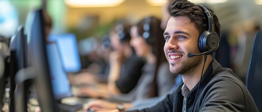 Professional call center worker collaborating with team in modern office environment, focused on customer support and communication excellence