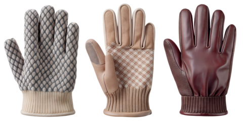 Assorted Gloves on Transparent Background for Fashion and Winter Designs. Perfect for: Christmas, winter fashion, outdoor activities, ski resorts
