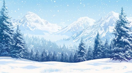 Fototapeta premium A snowy winter day. Fir trees in snowdrifts mountains covered with snow clear blue sky. Snowfall. Design for banner background wallpaper postcard. Concept of tourism hiking. Vector image. --