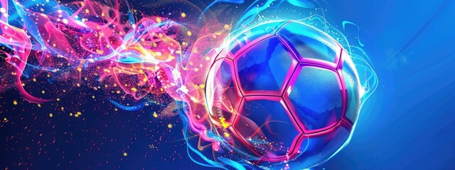 Abstract glowing neon colored soccer ball over blue background