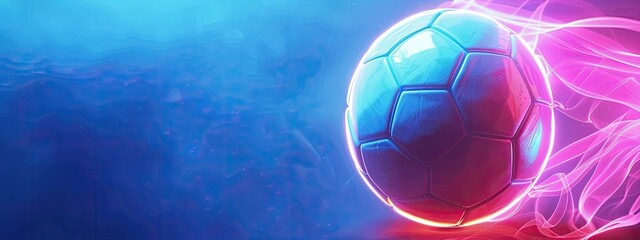 Abstract glowing neon colored soccer ball over blue background
