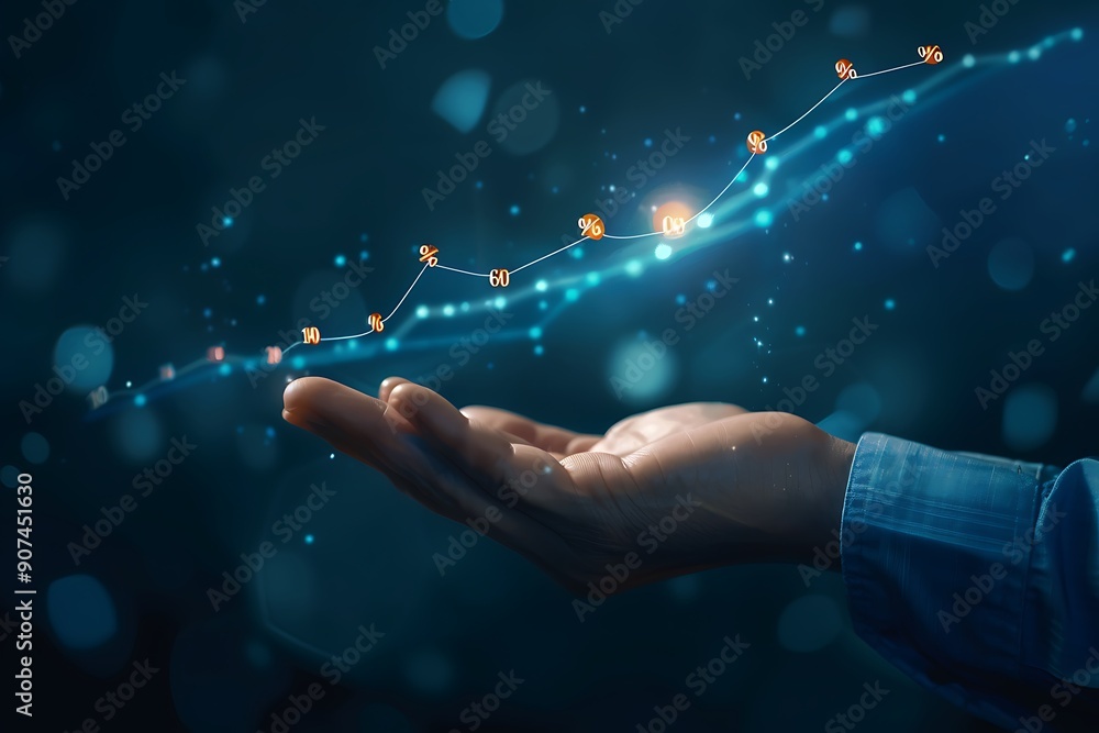 Poster hands holding a holographic display with financial data and charts. hand holding graph of growth up