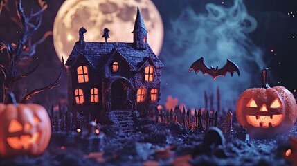 Eerie Halloween night graveyard with full moon, homemade cutout shapes, haunted house, bats, and fondant icing pumpkin Jack O'lanterns. Ideal for Halloween-themed greeting cards