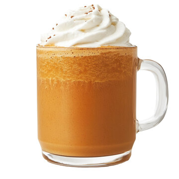 A single pumpkin spice latte with whipped cream on transparent background