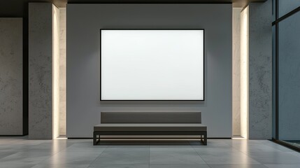 Fototapeta premium Elegant office waiting area with a blank advertising billboard, minimalist design, and soft, ambient lighting. Suitable for marketing display purposes.