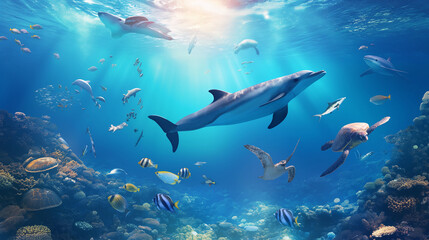 Fototapeta premium dolphins in the sea, fish in the sea, Underwater marine animals like dolphins, sea turtles, and colorful fish swimming in clear ocean waters