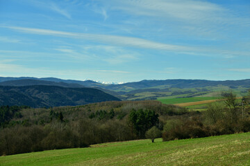 Green forest landscape in the background with snow-covered mountain peaks High Tatras in spring