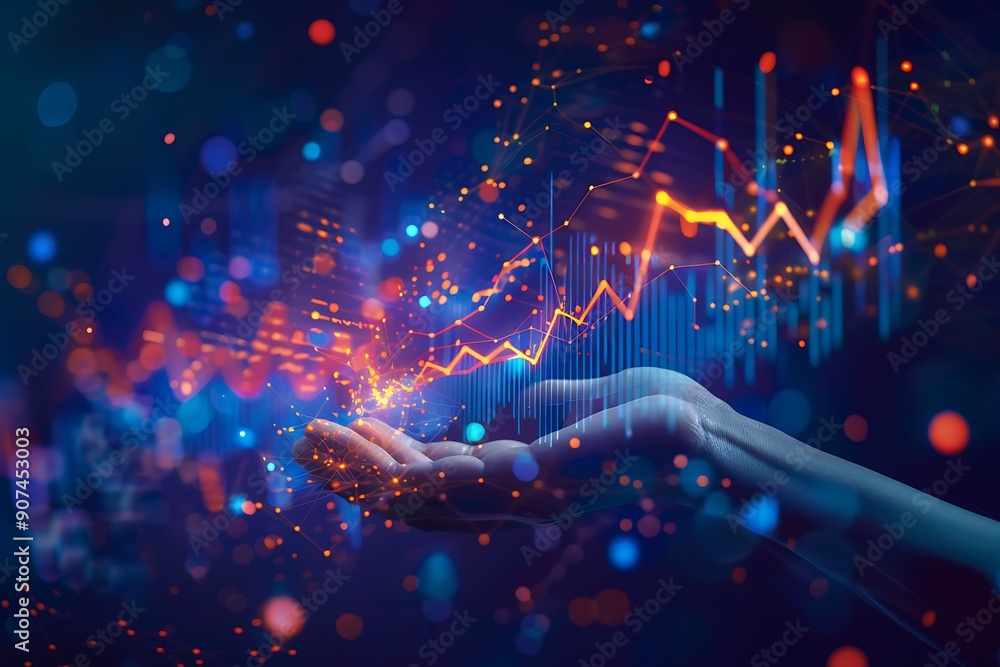 Poster hands holding a holographic display with financial data and charts. hand holding graph of growth up