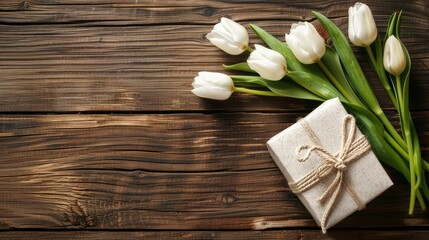 White gift box and tulip flowers on wooden table