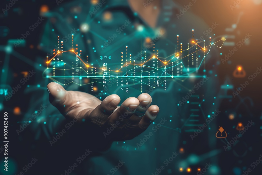 Poster a person's hand interacting with a digital financial chart or graph displayed on a screen, with colo