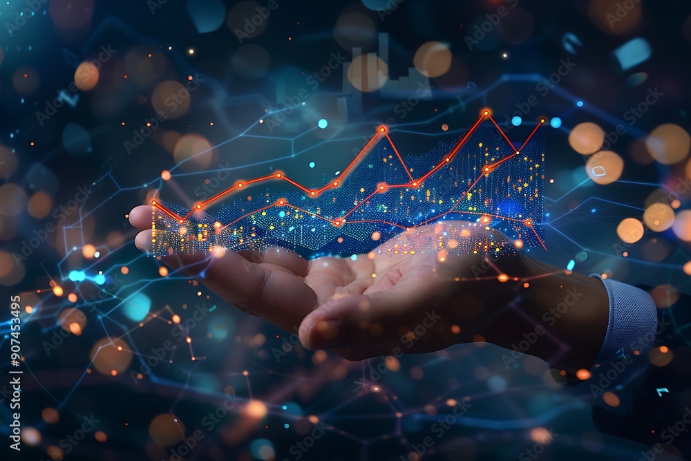 Poster a person's hand interacting with a digital financial chart or graph displayed on a screen, with colo