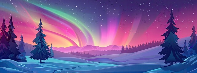 Beautiful arctic aurora in the night sky. Bright aurora borealis. Winter landscape in the northern regions. Snowy valley. Spruce trees in snowdrifts. 