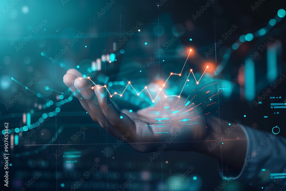 Poster a person's hand interacting with a digital financial chart or graph displayed on a screen, with colo