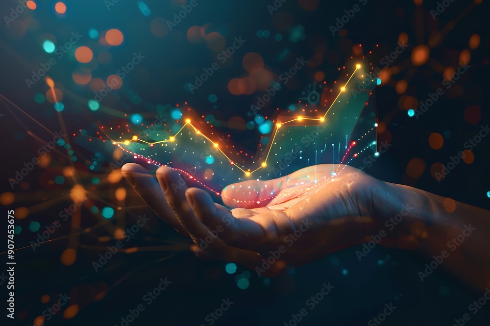 Poster a person's hand interacting with a digital financial chart or graph displayed on a screen, with colo