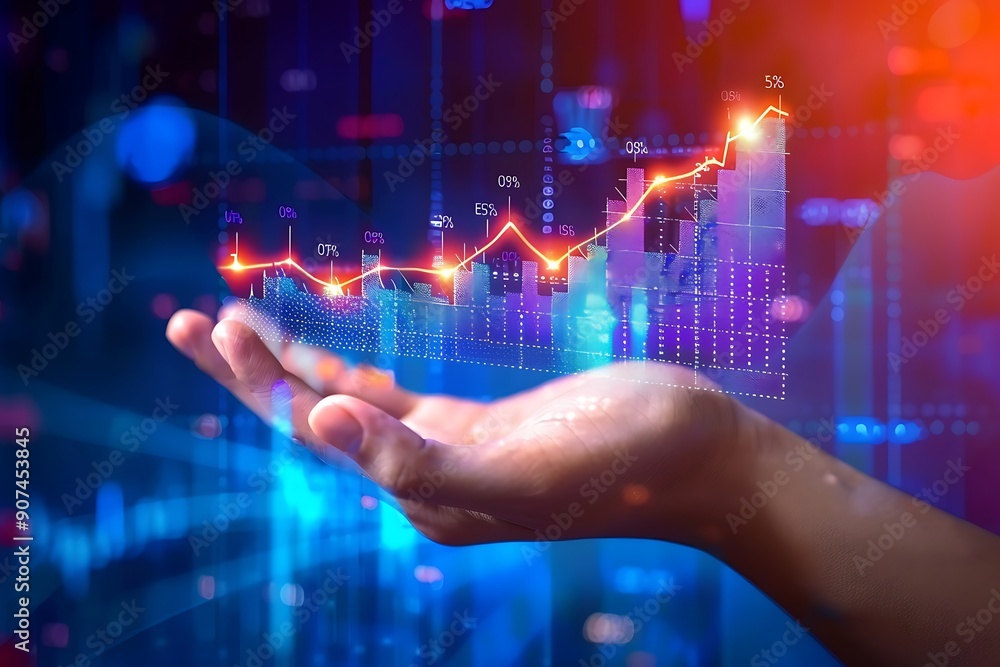 Poster a person's hand interacting with a digital financial chart or graph displayed on a screen, with colo