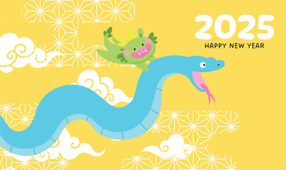 Chinese new year snake and dragon together. Chinese new year of the snake 2025 cartoon card with dragon riding a snake.