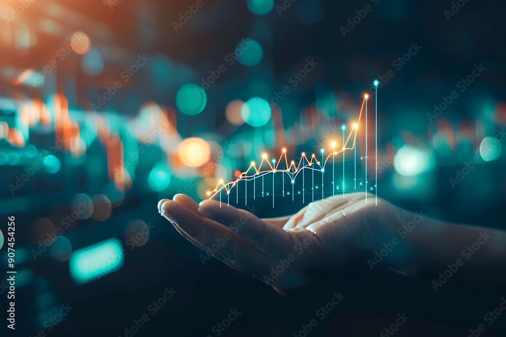 Poster a person's hand interacting with a digital financial chart or graph displayed on a screen, with colo