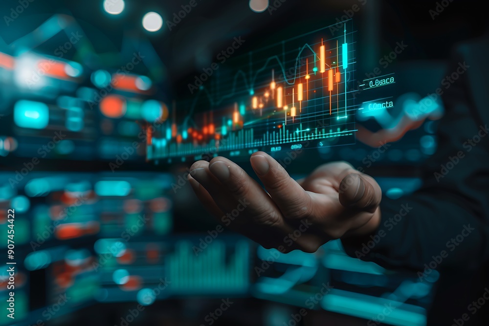 Poster a person's hand interacting with a digital financial chart or graph displayed on a screen, with colo
