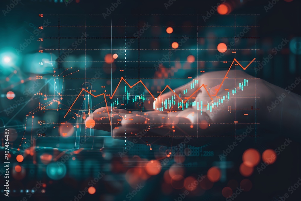 Poster a person's hand interacting with a digital financial chart or graph displayed on a screen, with colo