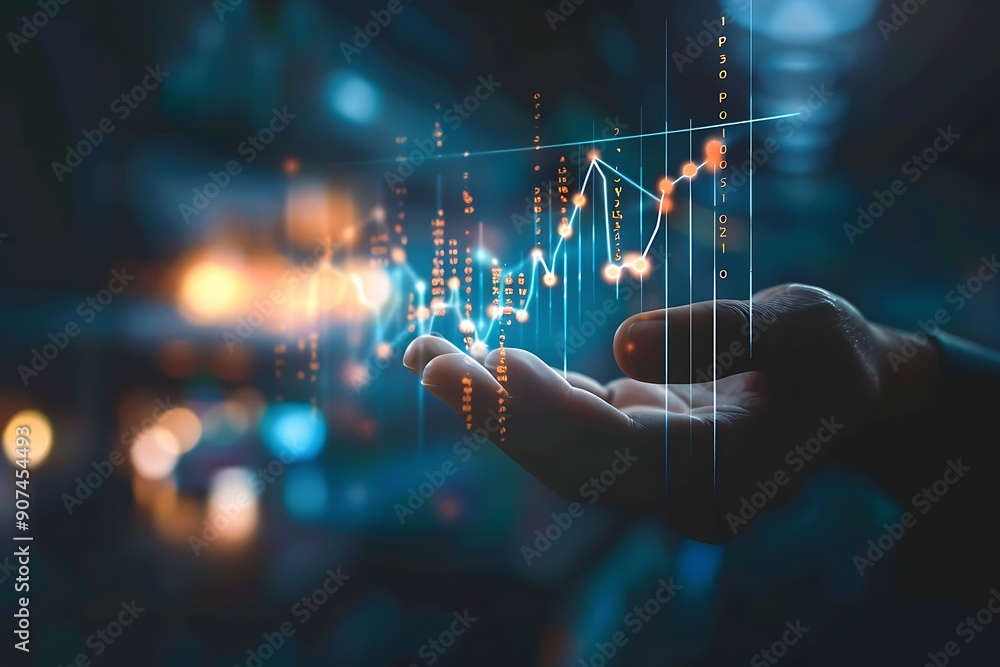 Poster a person's hand interacting with a digital financial chart or graph displayed on a screen, with colo