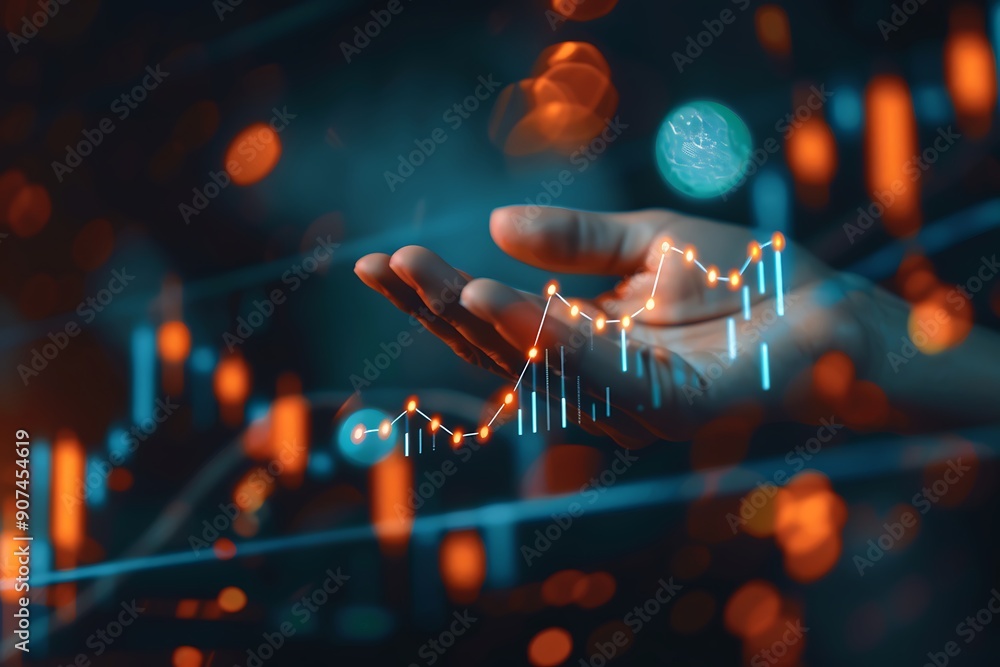 Poster a person's hand interacting with a digital financial chart or graph displayed on a screen, with colo