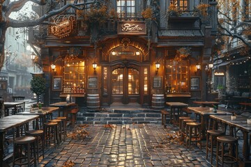 Fototapeta premium Cozy Pub Exterior with Cobblestone Patio.
