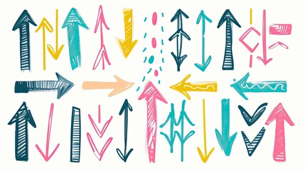 Brush  marker drawn bold arrows set. Collection of hand drawn doodle thick arrows in different directions. Isolate white background