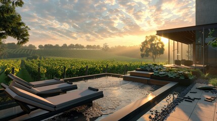 A high-end terrace lounge with a sleek water feature, elegant loungers, and a serene view of a lush vineyard under the soft glow of the morning sun.