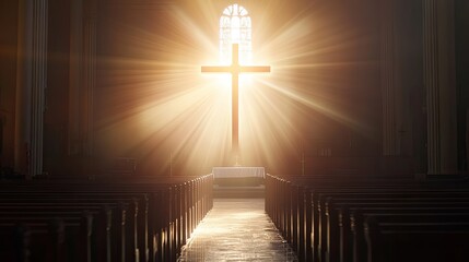 Radiant light focused on the cross in a church, representing Christianity's universal beliefs in an abstract way. Perfect for spiritual and religious marketing materials.