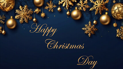 Luxury "Merry Christmas" write on blue banner, with Golden Christmas decoration balls