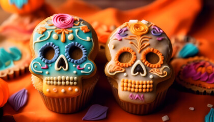 cup cake, sugar, skull, cookie, neu, close up, halloween, copy space, essen, studio, dekoriert, glasur, zuckerguss, dessert, süss, muffin, isoliert, photo, 3d, glow, ad, karte, party, feiern, feier, 2