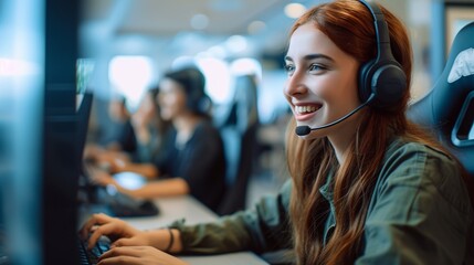 Friendly female customer service representative working on computer in a professional office environment, providing expert assistance through a helpline, showcasing modern remote support